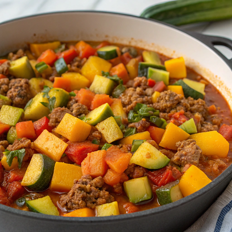 Squash and Vegetable Râgout with Ground Meat and Tomato Sauce